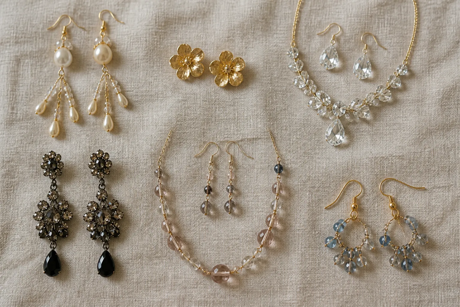 custom jewelry - Photorealistic editorial photo of a flat-lay product spread showing six different jewelry styles — drop earrings, stud earrings, crystal necklace sets, rhinestone pieces, glass bead designs — arranged on a neutral linen surface, illustrating the range of styles available through fashion jewelry OEM sourcing as an alternative to traditional custom jewelry
