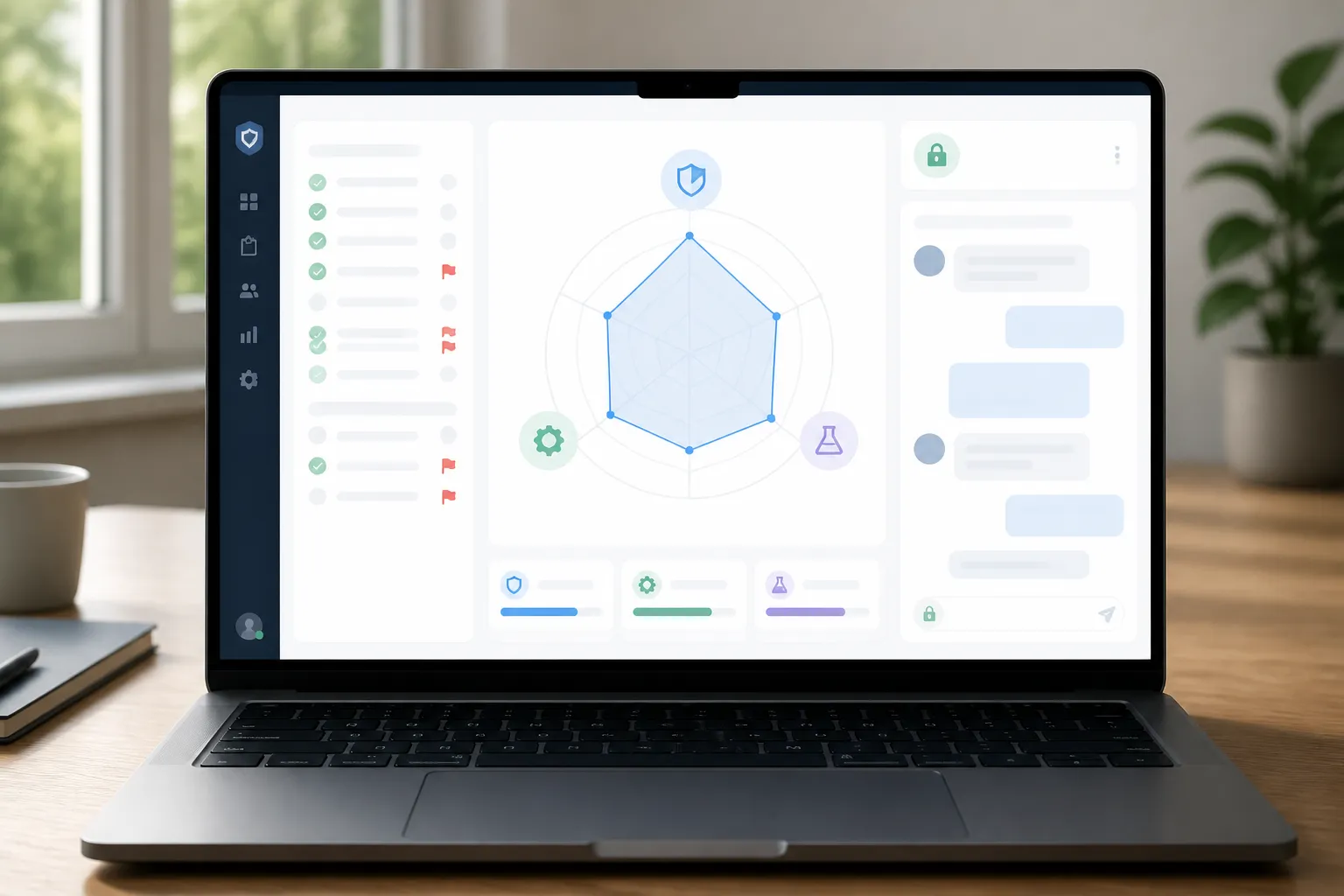 nist standards - Annotated UI mockup of a supplier qualification platform on a MacBook screen — left panel shows a NIST compliance checklist with green checkmarks and red flags per category, center shows a radar chart scoring cybersecurity, calibration, and testing domains, right panel shows an inquiry thread with encrypted badge indicator, soft natural window light on screen