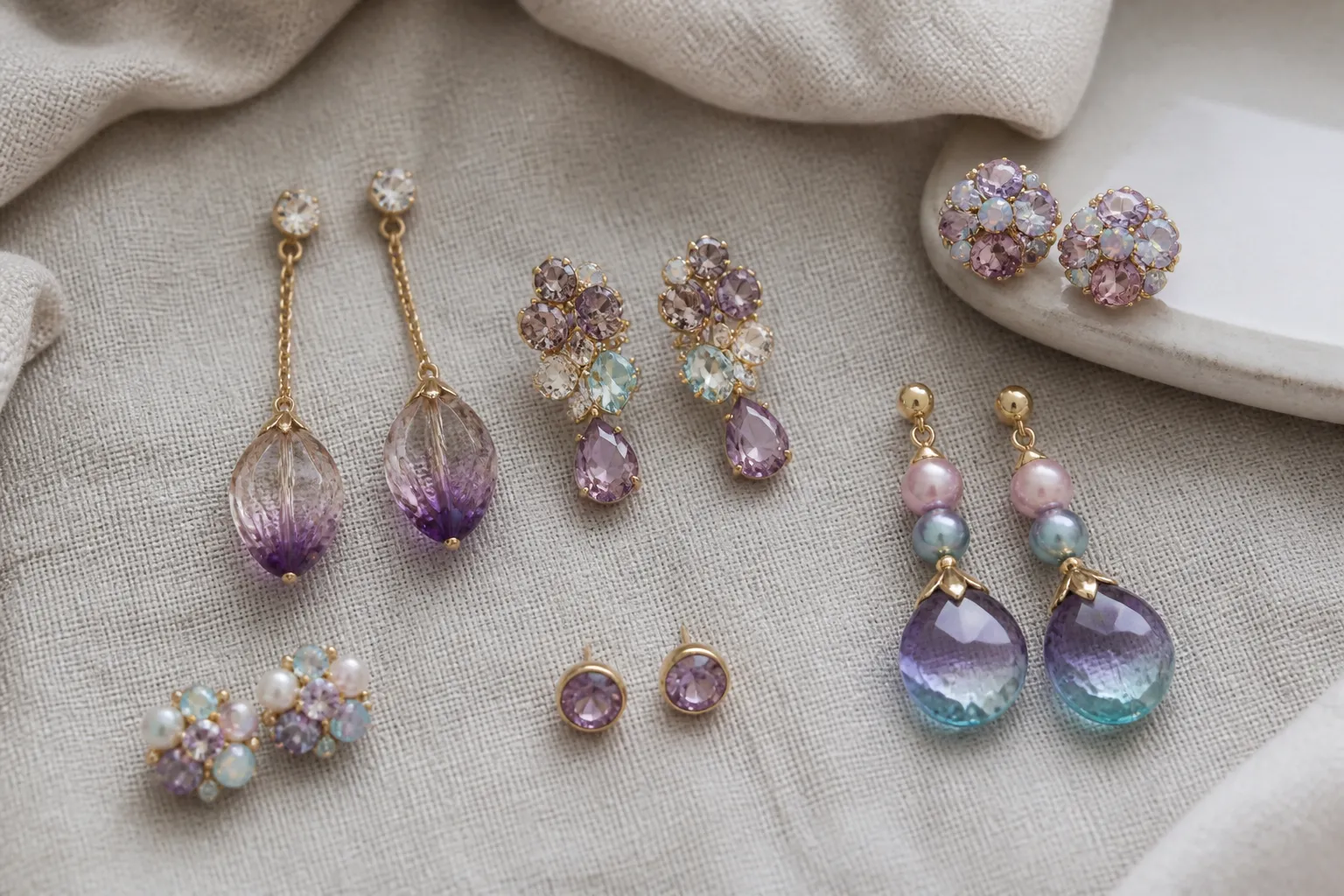 rachat bijoux or - Photo de produit stylisée présentant une sélection de boucles d'oreilles pendantes et de puces en cristal dégradé, strass et perles de verre bicolores sur fond de tissu texturé neutre — représentative des styles vintage et contemporains disponibles en sourcing OEM chez STRAND
