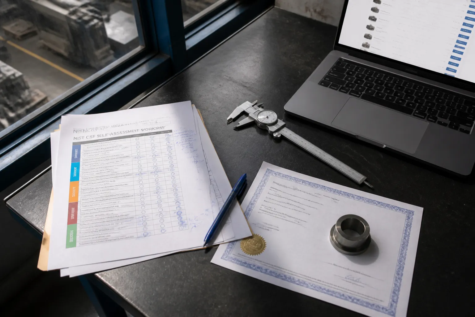 nist standards - Top-down editorial photo of a factory compliance workspace: a printed NIST CSF self-assessment worksheet with sections marked in blue pen, a calibration certificate beside precision calipers, a laptop open to a supplier portal, natural window light casting soft shadows on the documents, authentic industrial-office feel