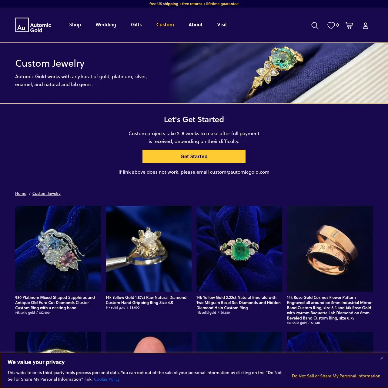 Automic Gold custom jewelry collection page