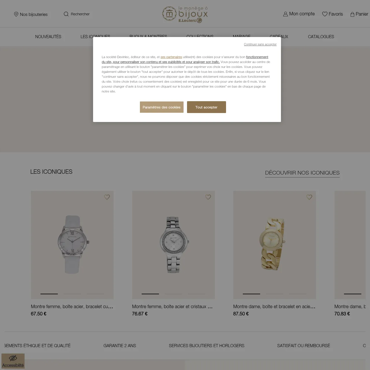 Interface du site Le Manège à Bijoux® E.Leclerc — boutique en ligne de bijoux et montres