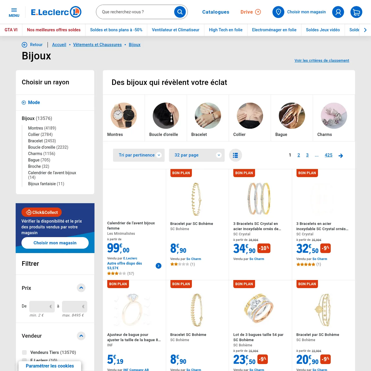 Page catégorie bijoux du site E.Leclerc — catalogue de plus de 13 500 références en ligne