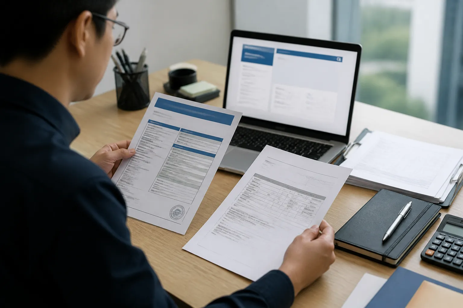 iec standards - A photorealistic scene of a procurement professional at a desk reviewing a supplier's IEC CB Certificate and test report side by side, with a laptop showing the IECEE OEC certificate verification page open in a browser