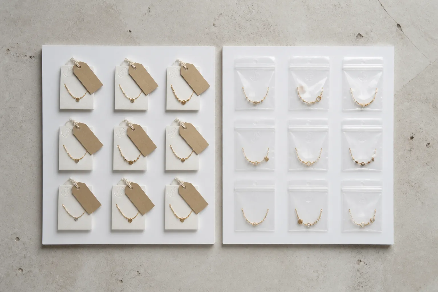 custom jewelry - Side-by-side flatlay comparing a custom OEM jewelry sample card with branding tags against a generic wholesale catalog spread, showing the packaging and label differences relevant to B2B buyers