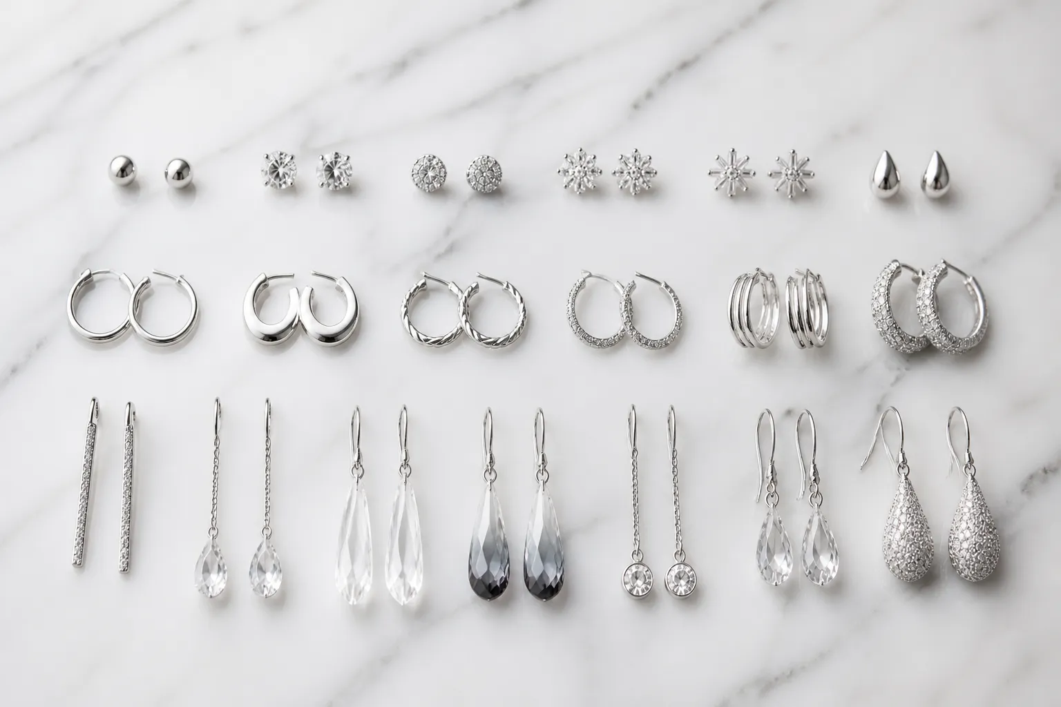 pendientes de plata mujer - Flatlay fotorrealista de una variedad de pendientes de plata mujer — aretes, colgantes con cristal degradado, pendientes de aro y studs con pedrería — ordenados por estilo sobre fondo de mármol blanco