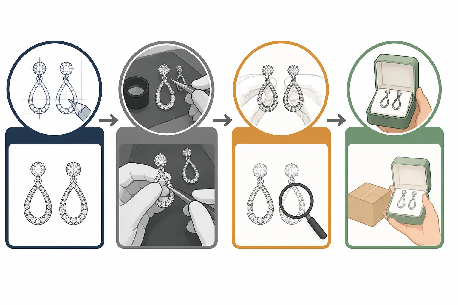 pendientes de plata mujer - Diagrama informativo que ilustra el flujo de control de calidad en la producción de pendientes de plata mujer: desde el diseño OEM hasta la inspección en taller, el QC pre-envío y la llegada al comprador