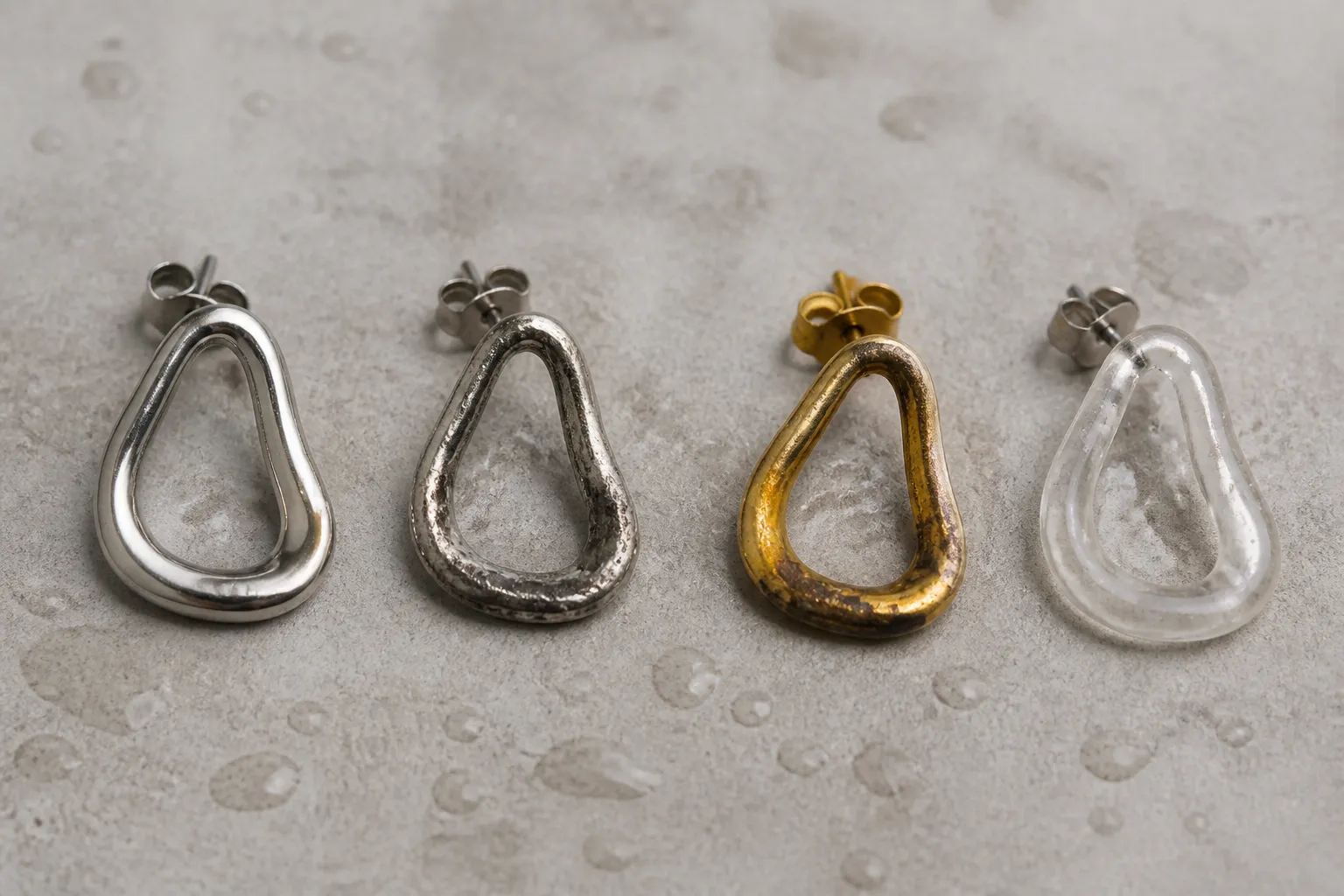 edelstahl schmuck - Nebeneinander-Vergleich von vier Ohrringen in unterschiedlichen Materialien — Edelstahl, Sterling Silber, vergoldetes Messing und Acryl — nach simulierter Feuchtigkeitsbelastung, mit sichtbaren Unterschieden in Oberflächenqualität