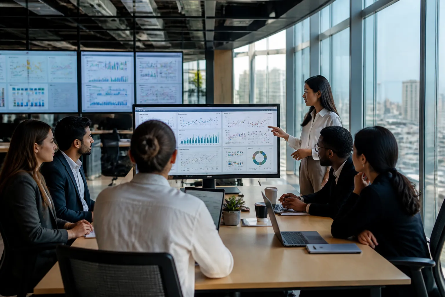 prompt engineering certification - Photorealistic scene of a cross-border trade operations team in a modern office reviewing prompt engineering certification results on a shared screen, with AI workflow dashboards visible in the background