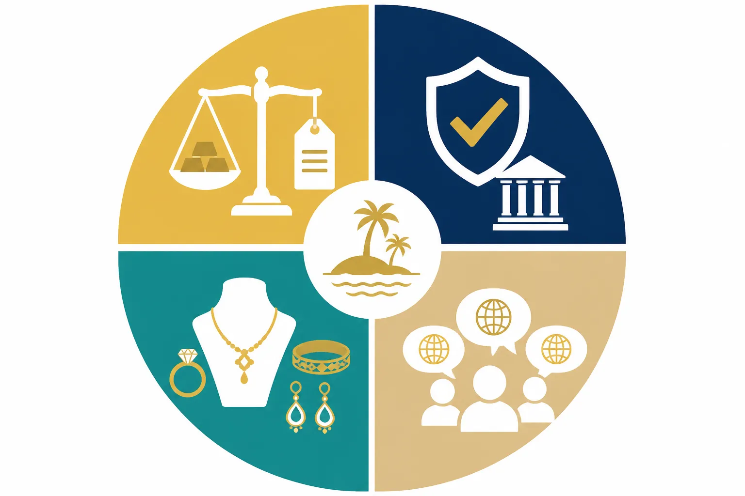 محلات ذهب بني ياس - Clean flat-design infographic diagram showing the key advantages of shopping for gold in Bani Yas: price transparency, regulatory oversight, design variety, and multilingual service — four distinct color zones (gold, navy, teal, sand), simple Arabic-label icons, white background