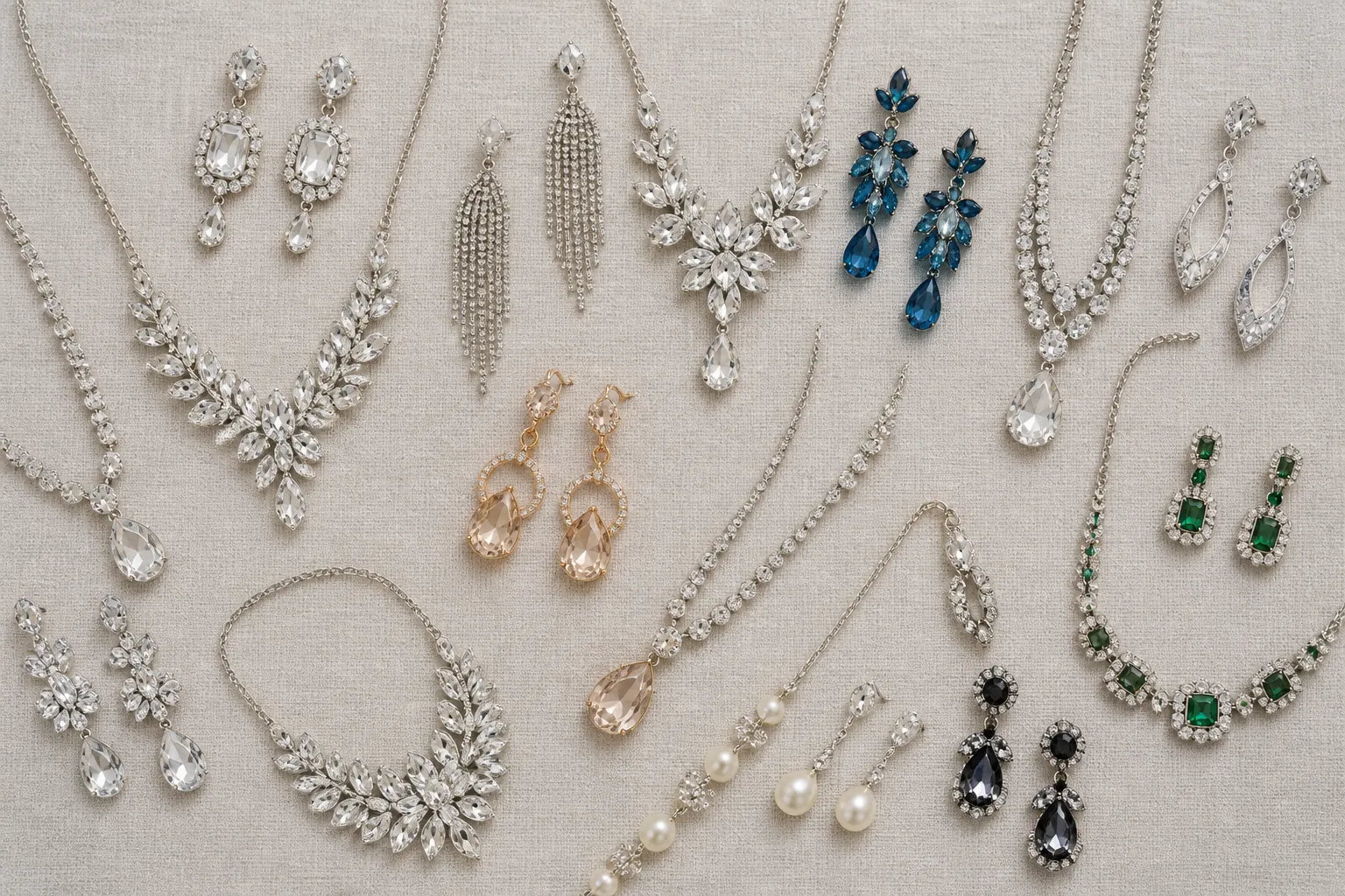 le manège à bijoux - Flat-lay comparatif de bijoux fantaisie — boucles d'oreilles pendantes, sets rhinestone et colliers à cristaux étalés sur fond neutre, représentant la diversité de styles que recherchent les acheteurs professionnels cherchant une alternative à Le Manège à Bijoux