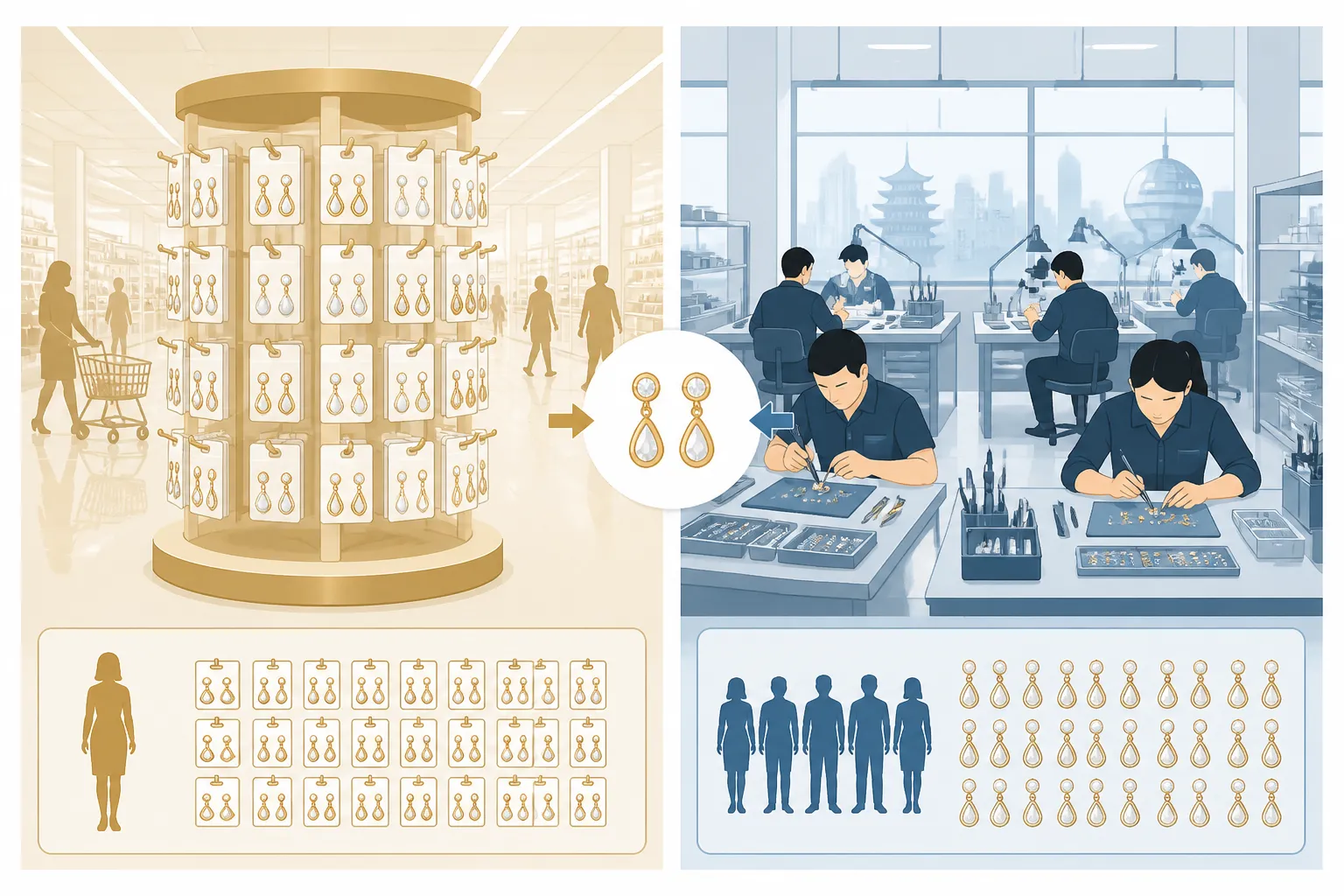 le manège à bijoux - Infographie comparative côte à côte — rayon Le Manège à Bijoux en grande surface versus atelier OEM à Hangzhou produisant des boucles d'oreilles personnalisées pour l'export, illustrant la différence d'échelle et de flexibilité entre sourcing retail et sourcing B2B