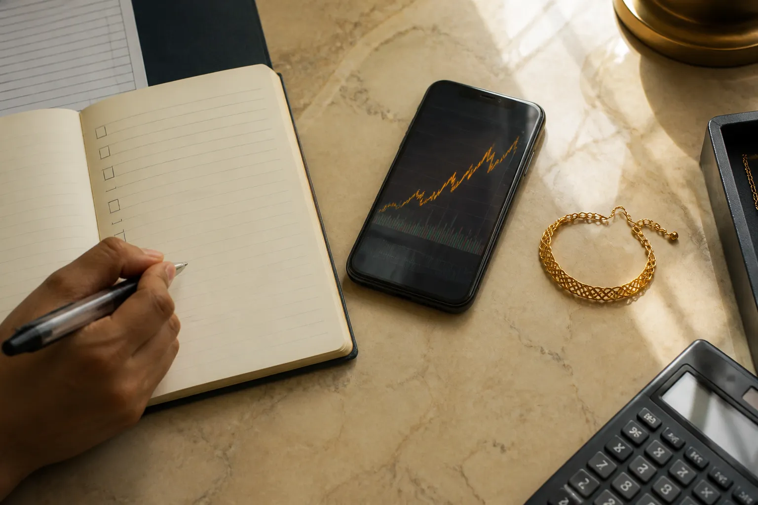 محلات ذهب بني ياس - Editorial top-down photo of a buyer's workspace: an open notebook with handwritten gold-buying checklist in Arabic, a smartphone showing today's gold price chart, a small gold bracelet on the table, warm natural window light — authentic documentary feel with no staged props