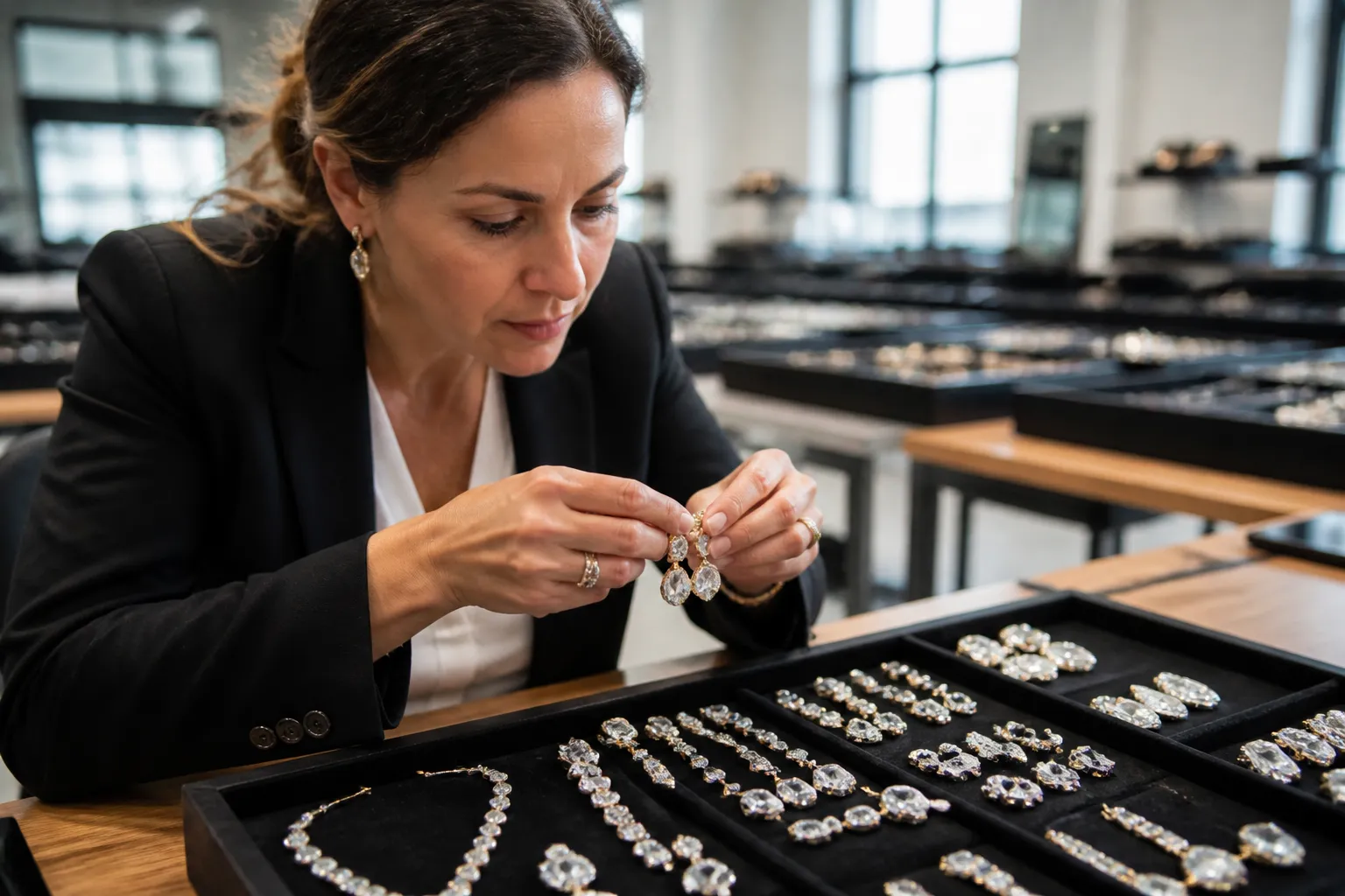 le manège à bijoux - Photo éditoriale d'un acheteur professionnel examinant des échantillons de bijoux dans un showroom — boucles d'oreilles pendantes, puces rhinestone et sets cristaux disposés pour inspection qualité, illustrant le processus de sourcing B2B qui remplace l'achat en rayon pour les professionnels cherchant une alternative au Manège à Bijoux