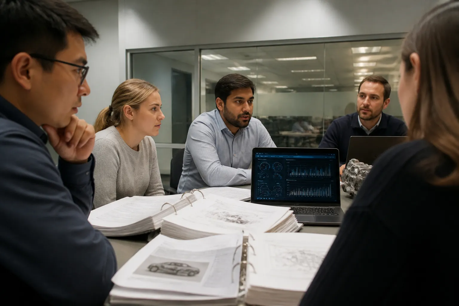 sae standards - Photorealistic scene of an automotive engineering team reviewing printed SAE technical standards documents at a conference table alongside a laptop showing digital compliance dashboards
