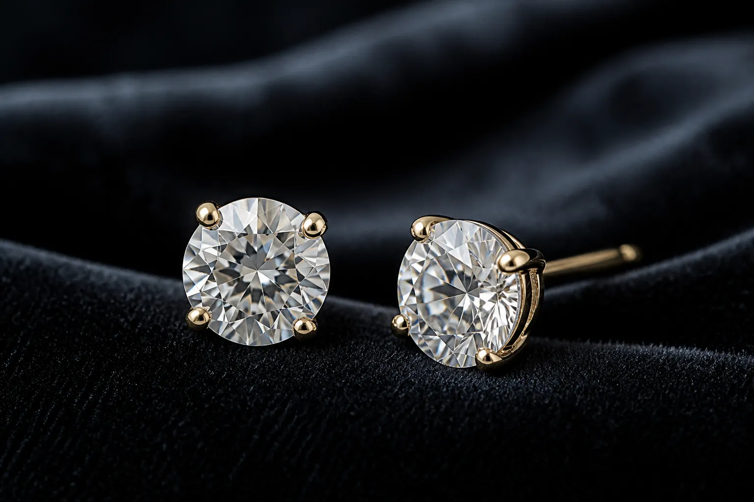 pendientes diamantes - Fotografía editorial de pendientes diamantes solitarios en monturas de oro sobre terciopelo oscuro, mostrando el destello multifacetado de las piedras bajo luz de estudio