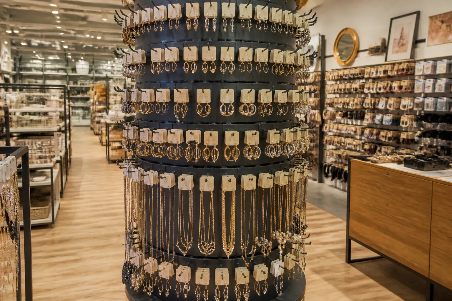 manège à bijoux - Rayon de bijoux fantaisie dans un concept-store intégré à une grande surface française, présentoir tournant avec boucles d'oreilles et colliers rangés par catégorie