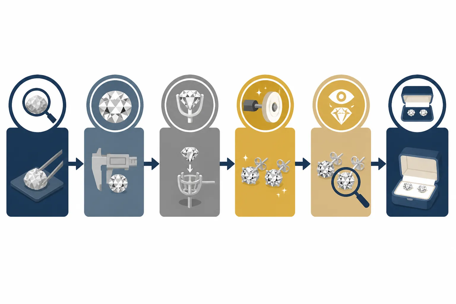 pendientes diamantes - Diagrama anotado del proceso de control de calidad en joyería: desde inspección de materia prima hasta verificación final de acabado y embalaje, con puntos de control marcados en cada etapa