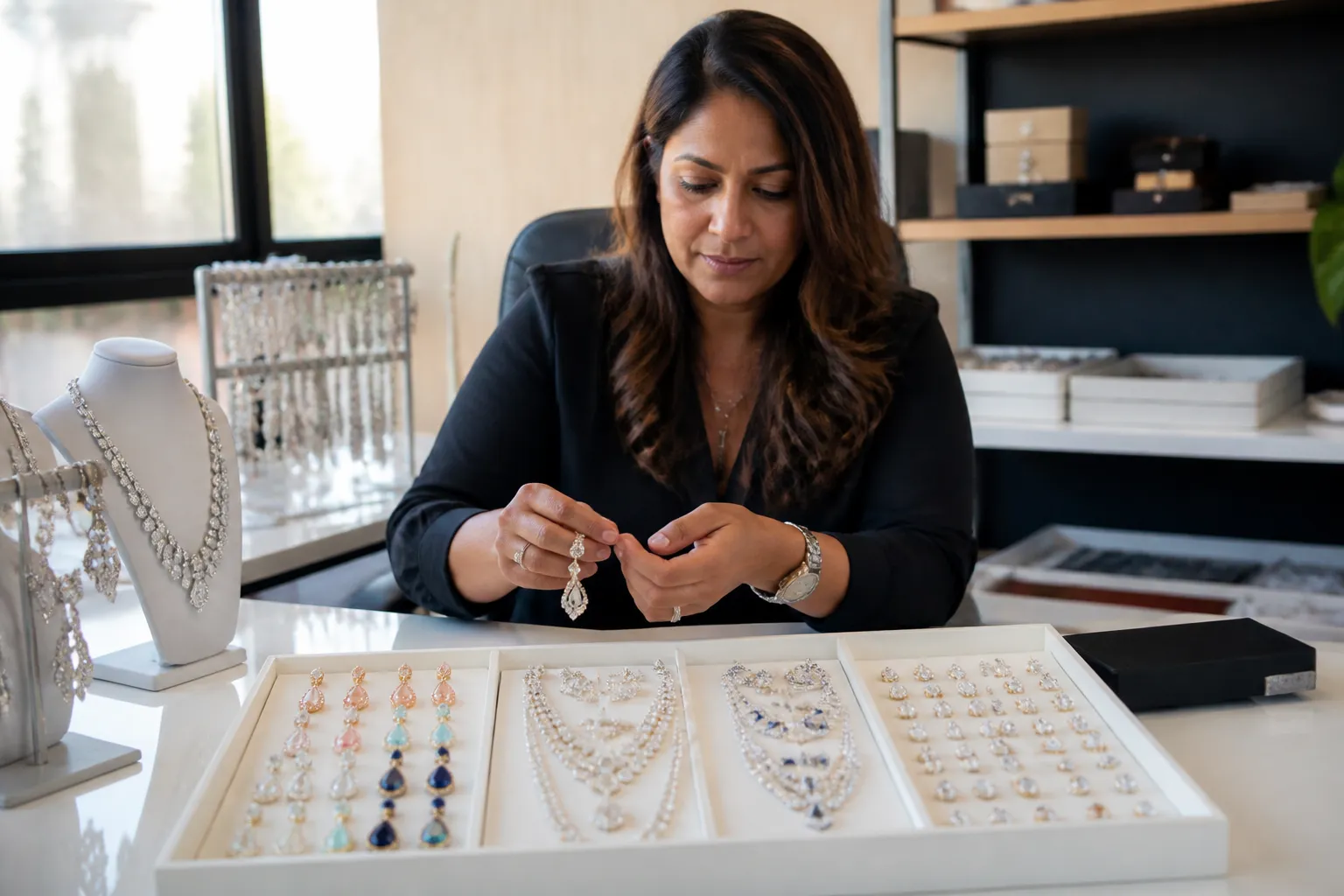 custom jewelry - Editorial photo of an importer reviewing jewelry samples at a workspace — drop earrings, crystal necklace sets, and rhinestone studs displayed for comparison — representing a commercial sourcing evaluation in a professional procurement context