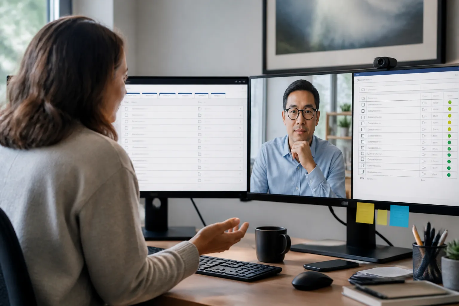sae standards - Editorial photo of a procurement manager on a video call with a vendor, with a split screen showing an SAE standards document catalog on one monitor and a supplier qualification checklist on the other