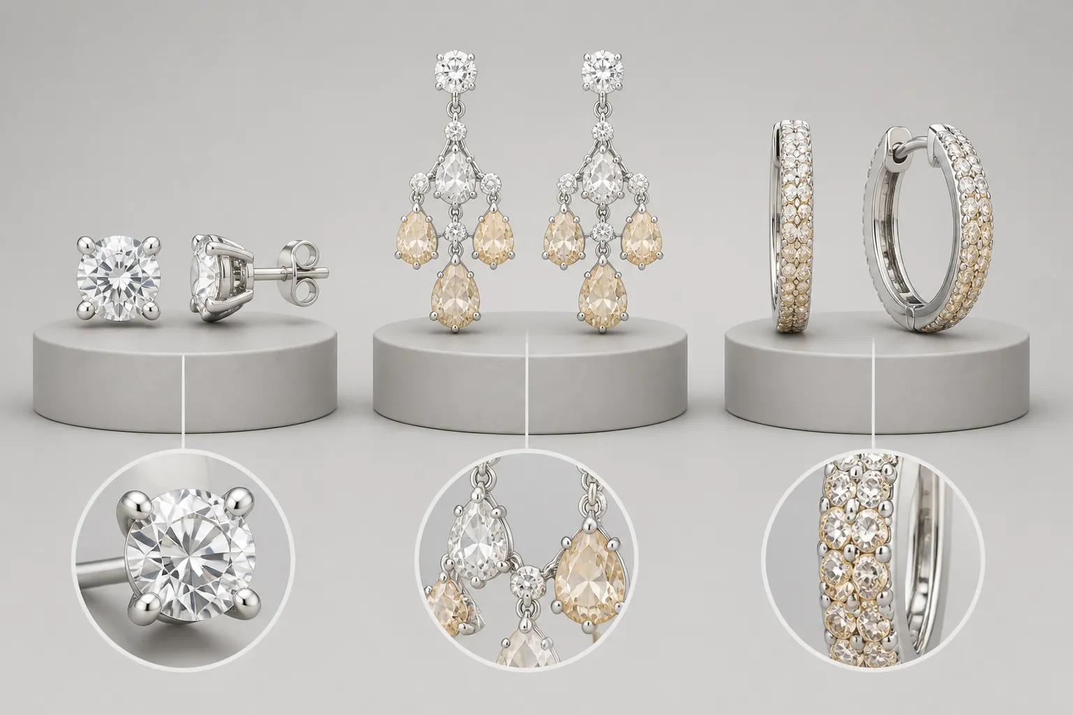 pendientes diamantes - Imagen comparativa de pendientes diamantes en diferentes categorías — solitario clásico, modelo chandelier con múltiples piedras y aro con pavé — etiquetados con sus características técnicas principales (tipo de piedra, material de montura, estilo de engaste)