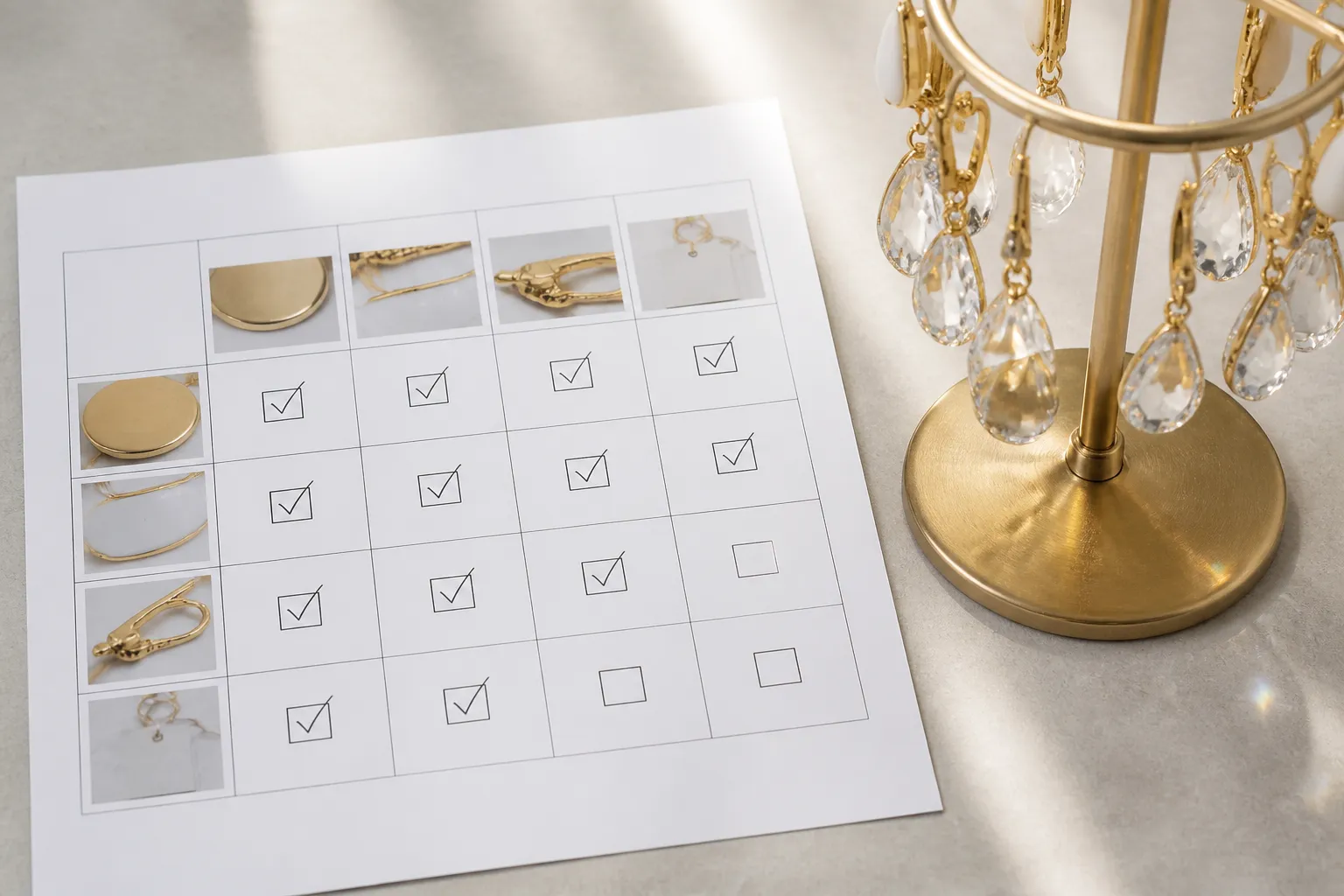 manège à bijoux - Tableau de contrôle qualité annoté d'un fournisseur OEM — grille d'inspection visuelle pour boucles d'oreilles en cristal avec cases cochées pour finition, émail, fermeture et étiquetage