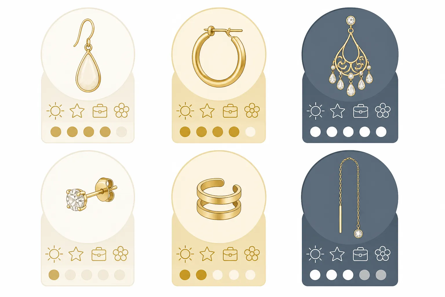 tropfen ohrringe - Infografik-Vergleichsdiagramm: Sechs verschiedene Ohrring-Stile (Tropfen, Creole, Chandelier, Stecker, Ear Cuff, Threader) mit Symbolen für Trageanlass (Alltag, Event, Business, Braut) und Stilintensität auf einer Skala von 1–5, beschriftet auf Deutsch