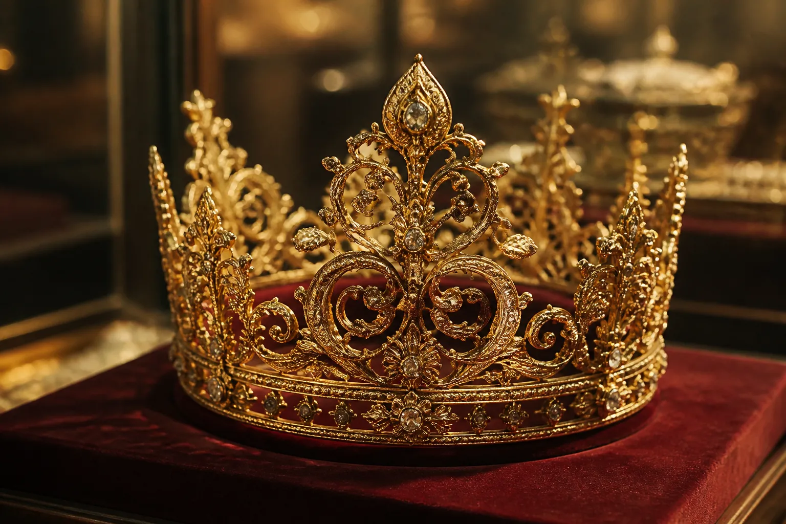 تاج ذهب - Photorealistic close-up of a gold crown jewelry piece on a velvet display tray, warm golden-hour studio lighting, shallow depth of field, fine filigree detail visible on the crown surface, dark burgundy velvet background