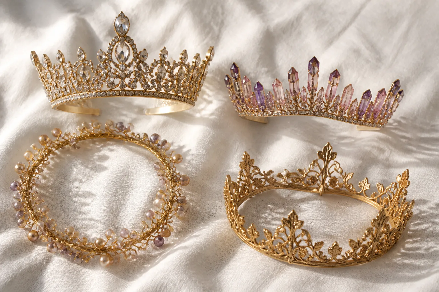 تاج ذهب - Flat-lay editorial photo of four distinct gold crown jewelry styles arranged on a white linen surface — bridal rhinestone crown, gradient crystal tiara, two-tone glass bead circlet, and open filigree gold crown — warm natural window light from the left, each piece clearly visible with different proportions