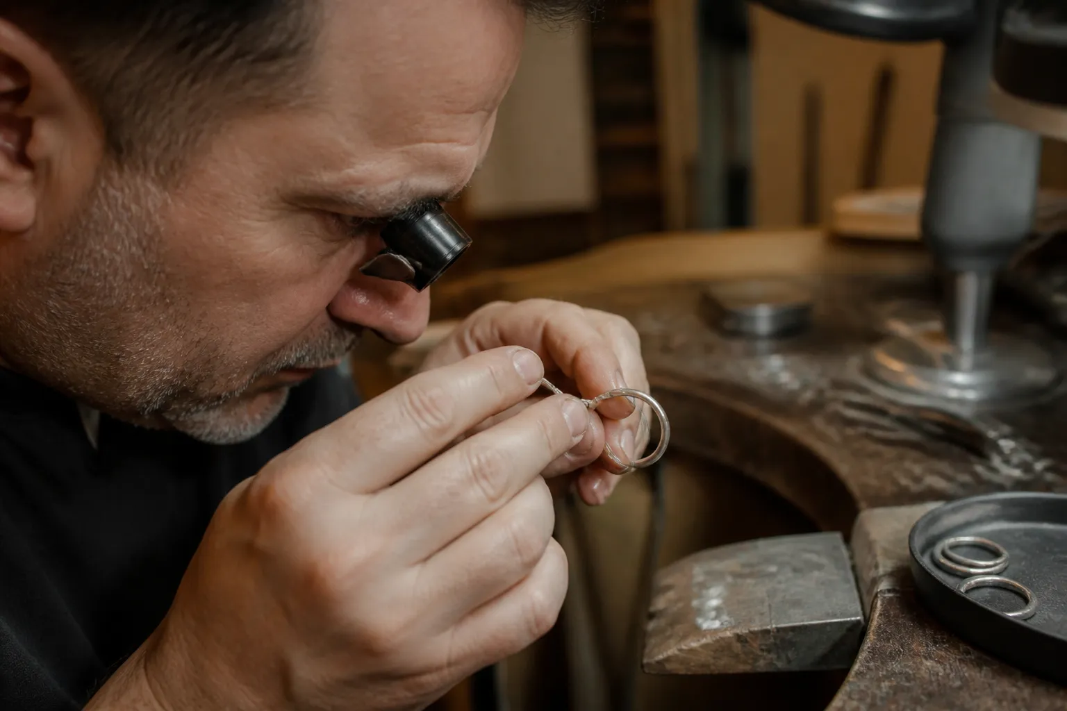 pendientes hombre plata - Proceso de control de calidad en taller de joyería — inspección de pendientes plata bajo lupa, verificación de cierres y acabados antes del embalaje para exportación
