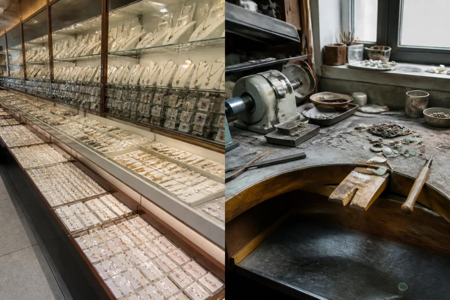 le manège à bijoux leclerc - Comparaison côte à côte d'un présentoir de détail grande surface à gauche et d'un atelier de fabrication de bijoux à Hangzhou à droite, illustrant la différence canal retail vs sourcing direct