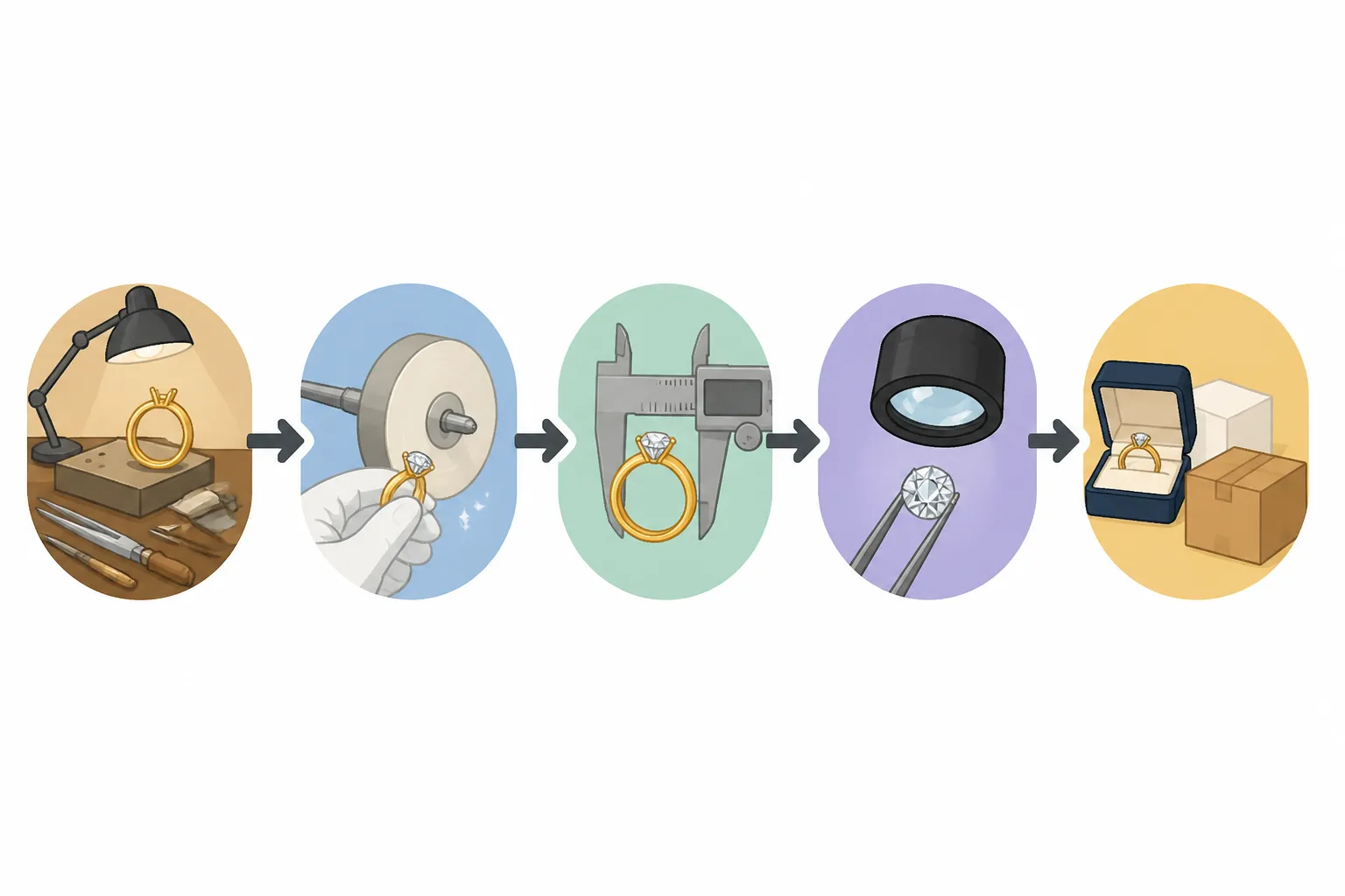 le manège à bijoux leclerc - Diagramme illustrant le flux de contrôle qualité d'un fabricant OEM de bijoux — de l'atelier à l'inspection finale avant expédition — avec étapes annotées