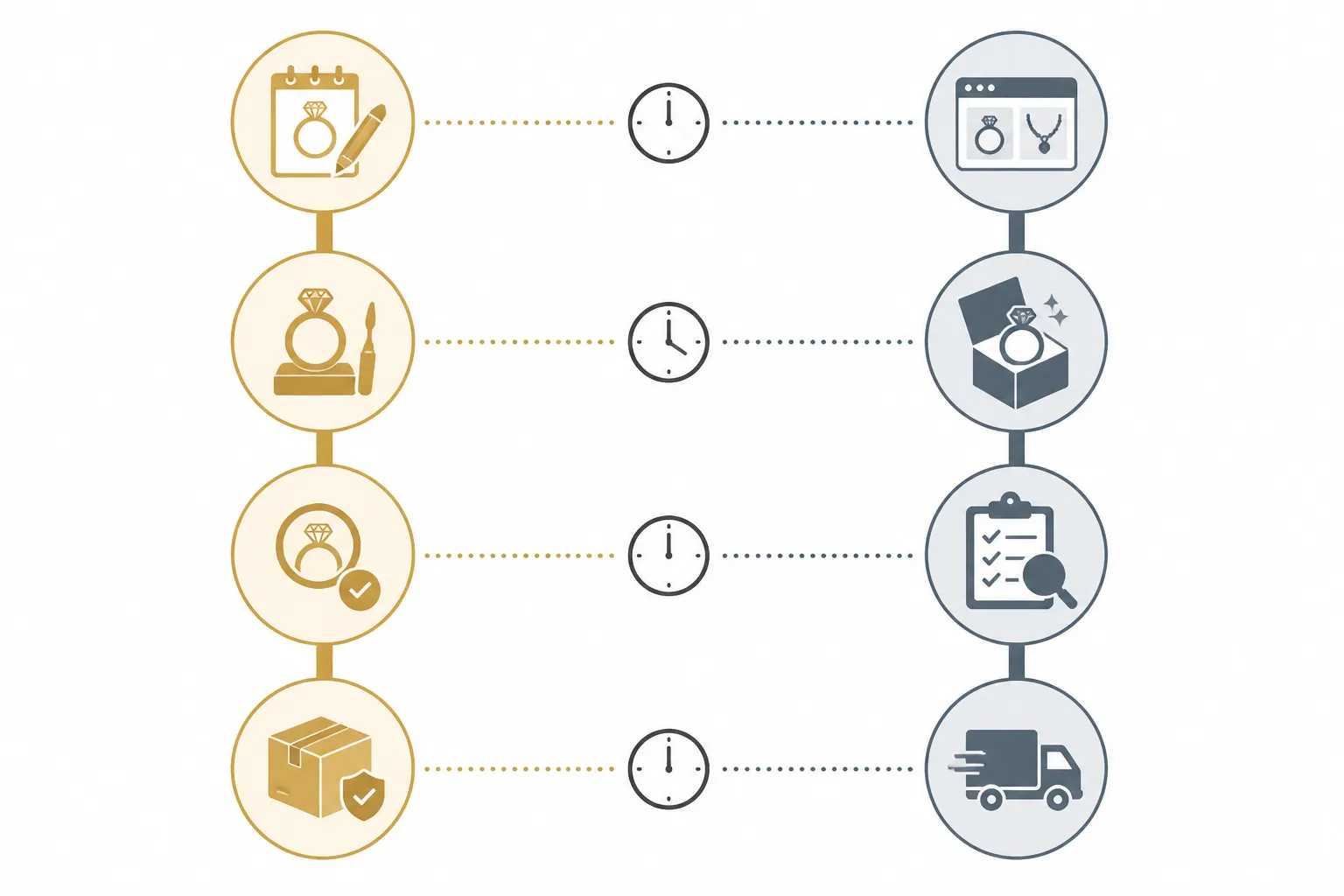 custom jewelry - Annotated diagram comparing the sourcing journey for custom OEM jewelry versus off-the-shelf wholesale — showing design brief, sampling, QC, and delivery stages side-by-side, with timeline markers at each stage