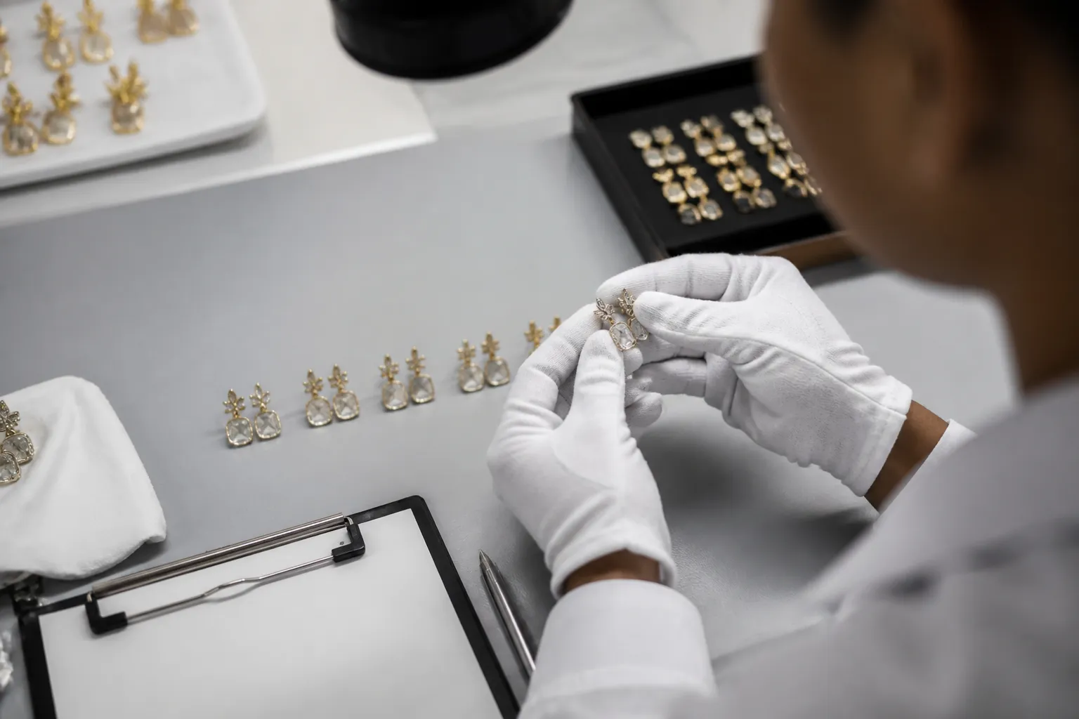 custom jewelry - Editorial photo of a quality control inspection table with fashion earrings being checked for plating consistency and stone setting, with a clipboard showing a QC checklist — representing supplier-side pre-shipment inspection