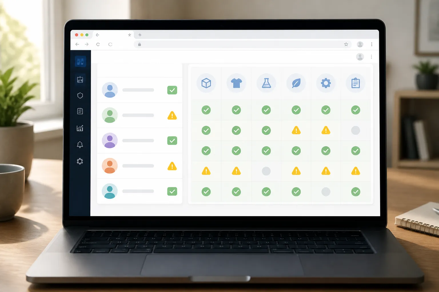 national standards - Annotated UI mockup of a supplier verification dashboard on a laptop screen — left sidebar showing supplier profiles with compliance status badges (green checkmark for "GB Certified", amber warning for "Expired"), central panel with a standards compliance matrix table comparing five suppliers across six product categories, soft daylight coming from the left, realistic browser chrome visible