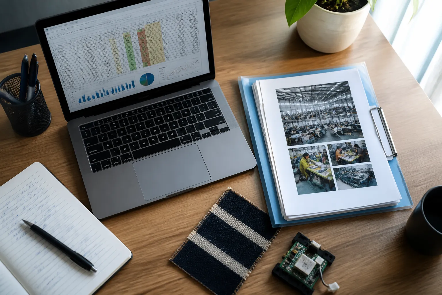 national standards - Top-down editorial photo of a sourcing buyer's desk: open laptop showing a spreadsheet with a supplier compliance matrix, a physical folder labeled "Factory Audit Reports", two product samples (a textile swatch and a small electronics component), a ballpoint pen resting on handwritten notes, natural window light from the upper right, authentic working environment feel