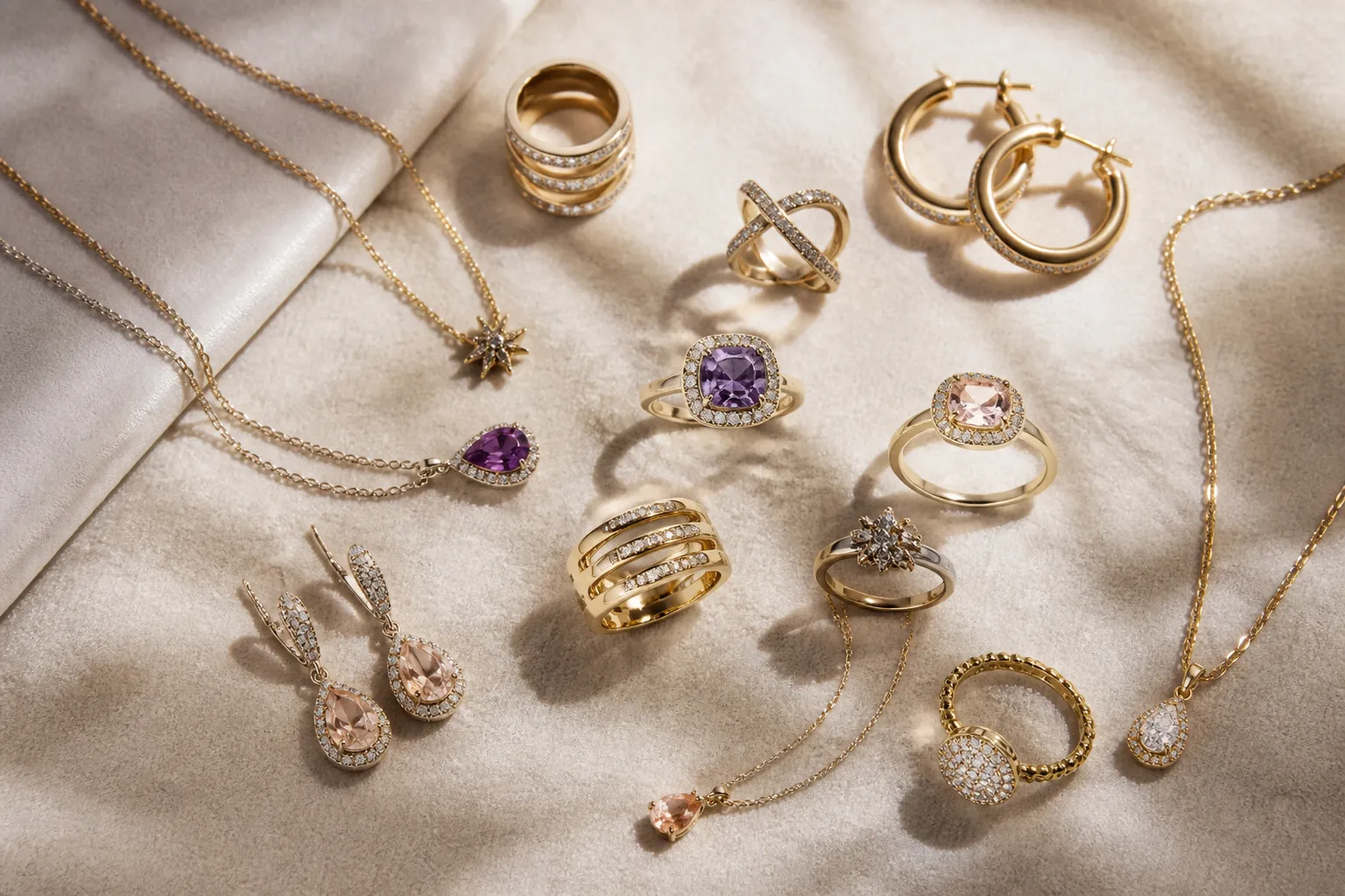 mauboussin bijoux - Photorealistic scene — flat lay élégant de bijoux de joaillerie française sur velours crème : bagues, colliers et boucles d'oreilles finement travaillés, lumière naturelle rasante, composition épurée style éditorial mode