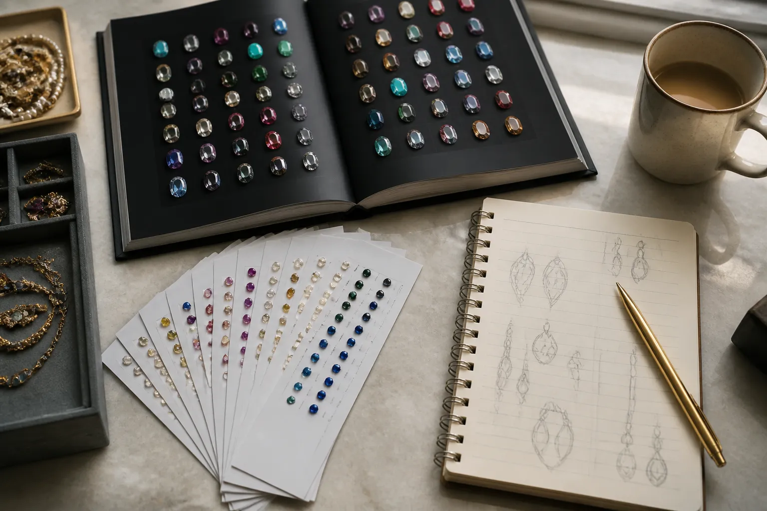 mauboussin bijoux - Editorial conceptual photo — arrangement vue du dessus d'une table de travail d'acheteur bijoux : catalogue ouvert sur des collections de pierres colorées, nuancier de gemmes, carnet de notes manuscrites avec esquisses de boucles d'oreilles, stylo or, lumière de fenêtre naturelle — atmosphère professionnelle et créative