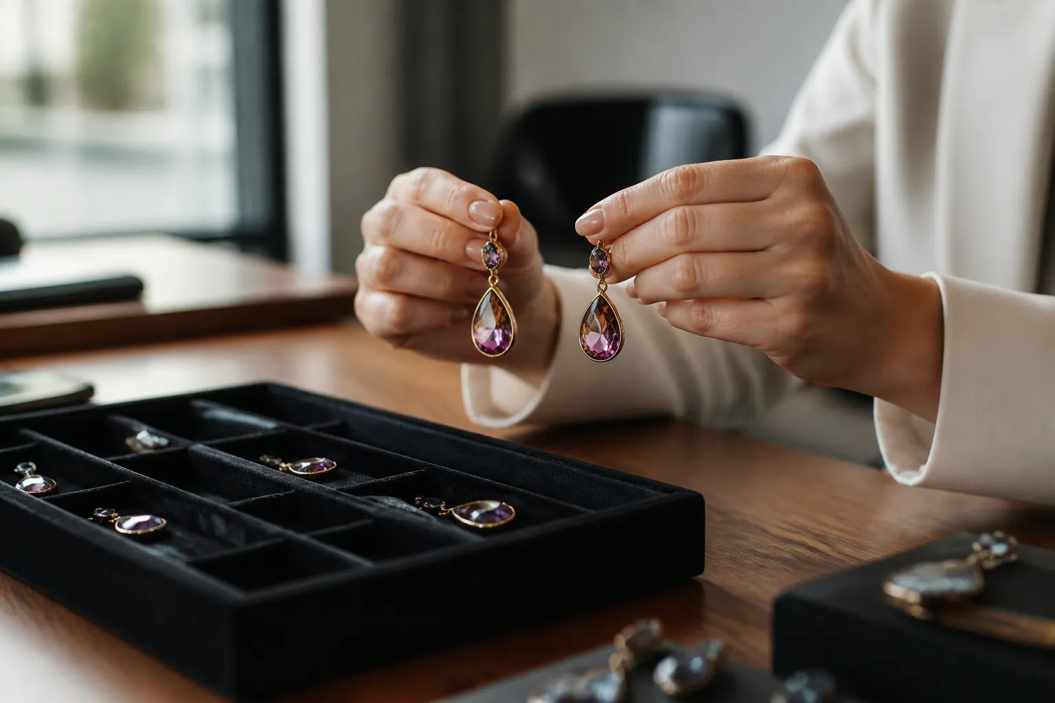 mauboussin bijoux - Photorealistic scene — deux mains d'une acheteuse professionnelle comparant des échantillons de boucles d'oreilles pendantes en cristal gradient sur un plateau de présentation professionnel, arrière-plan flou de bureau moderne, lumière naturelle chaude, composition documentaire