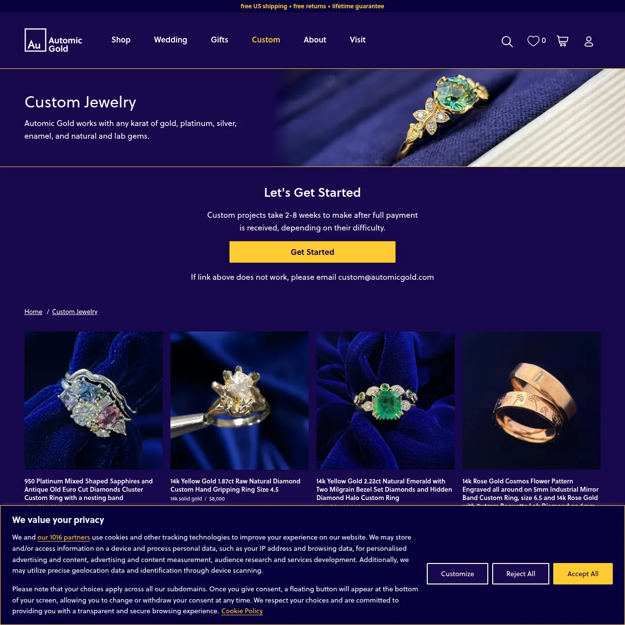 Automic Gold custom products collection page featuring name plates, initial pieces, and permanent jewelry