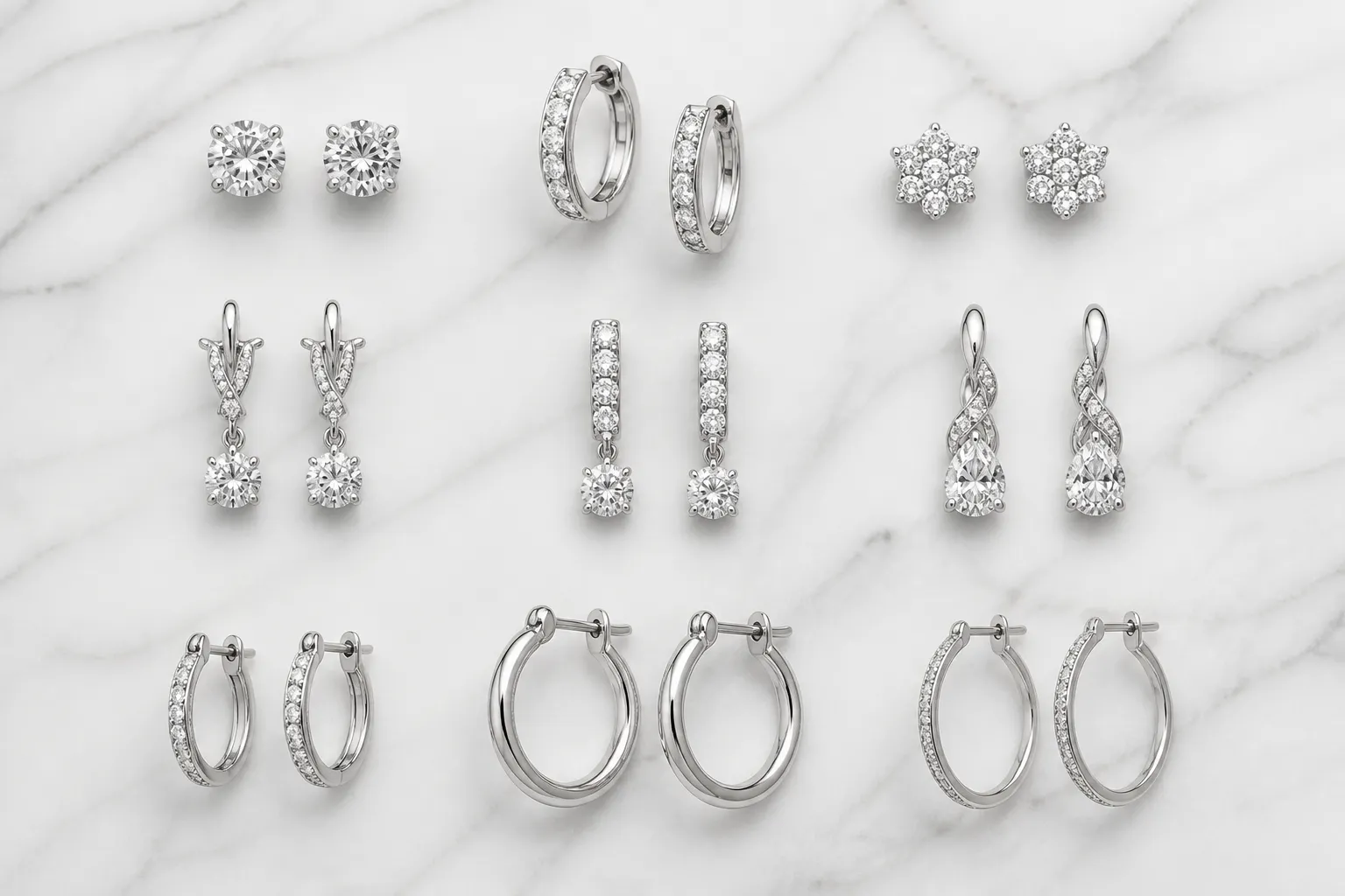 pendientes oro blanco - Colección de pendientes de oro blanco con diferentes estilos —aretes de botón, colgantes y aros— sobre superficie mármol blanca con iluminación editorial de joyería profesional