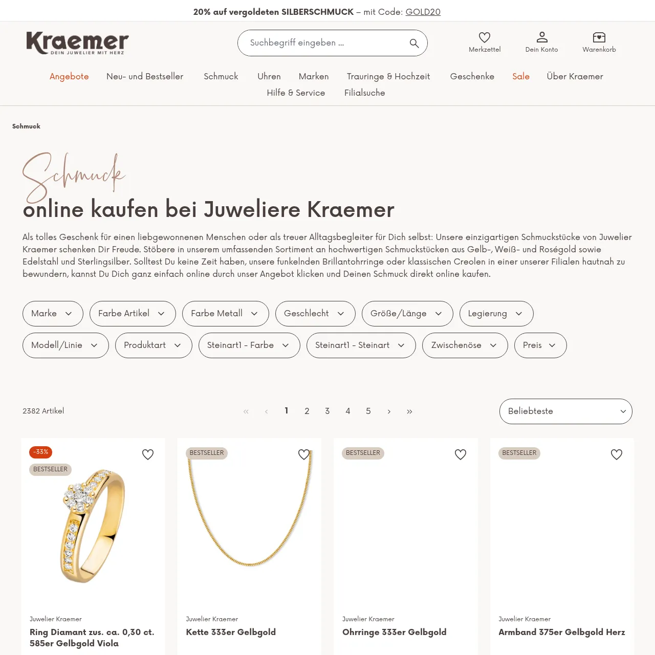 Juwelier Kraemer Schmuck-Kategorie mit Bestsellern und Angeboten