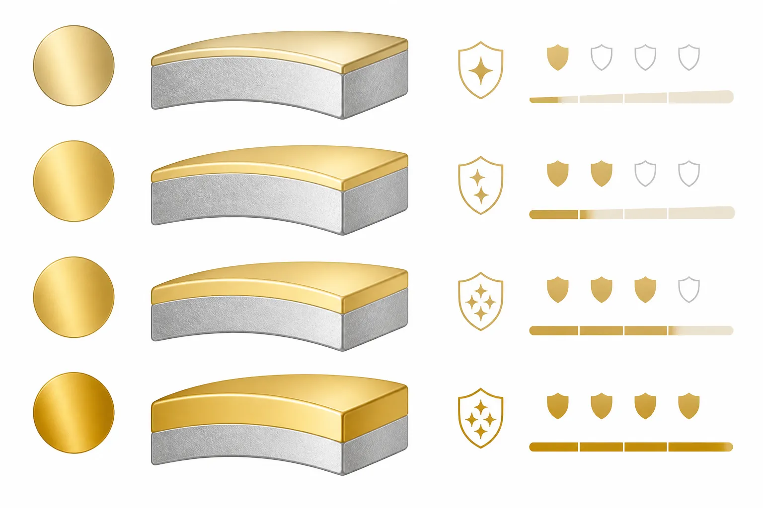 cartier bijoux - Tableau comparatif visuel montrant quatre niveaux de finition de bijoux — du plaqué standard au vermeil — avec annotations sur la qualité du métal, l'épaisseur de placage et la durée de vie estimée
