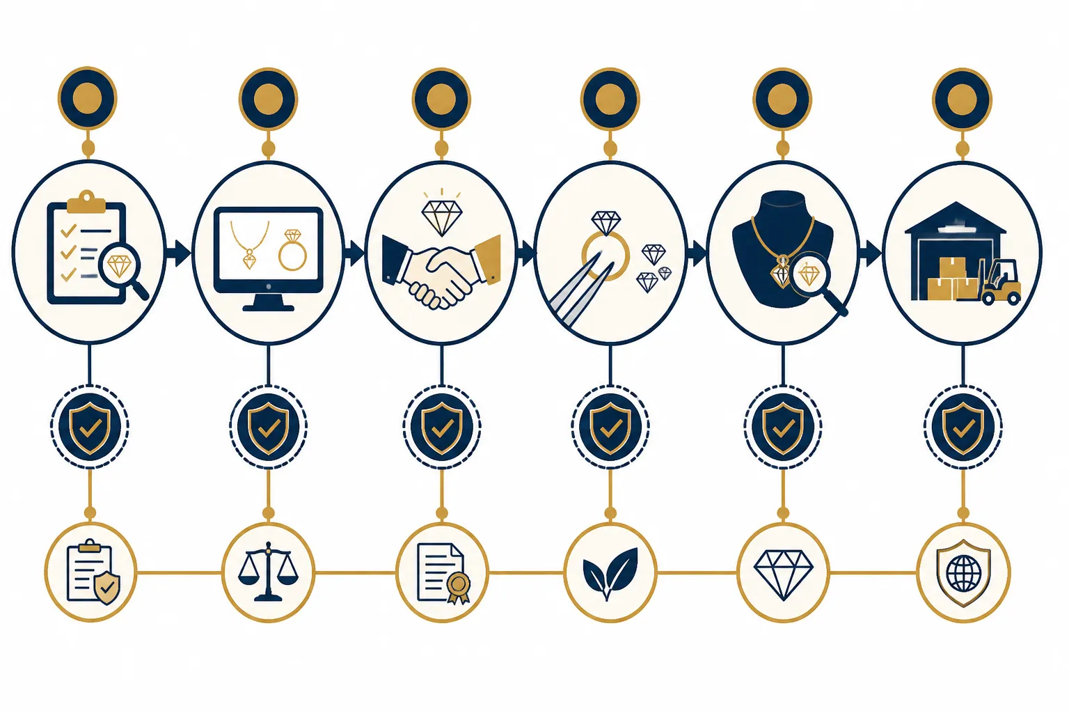 cartier bijoux - Diagramme de flux illustrant le processus d'achat B2B pour des bijoux de mode — de la définition des besoins à la réception en entrepôt, avec les points de contrôle qualité et de vérification réglementaire mis en évidence