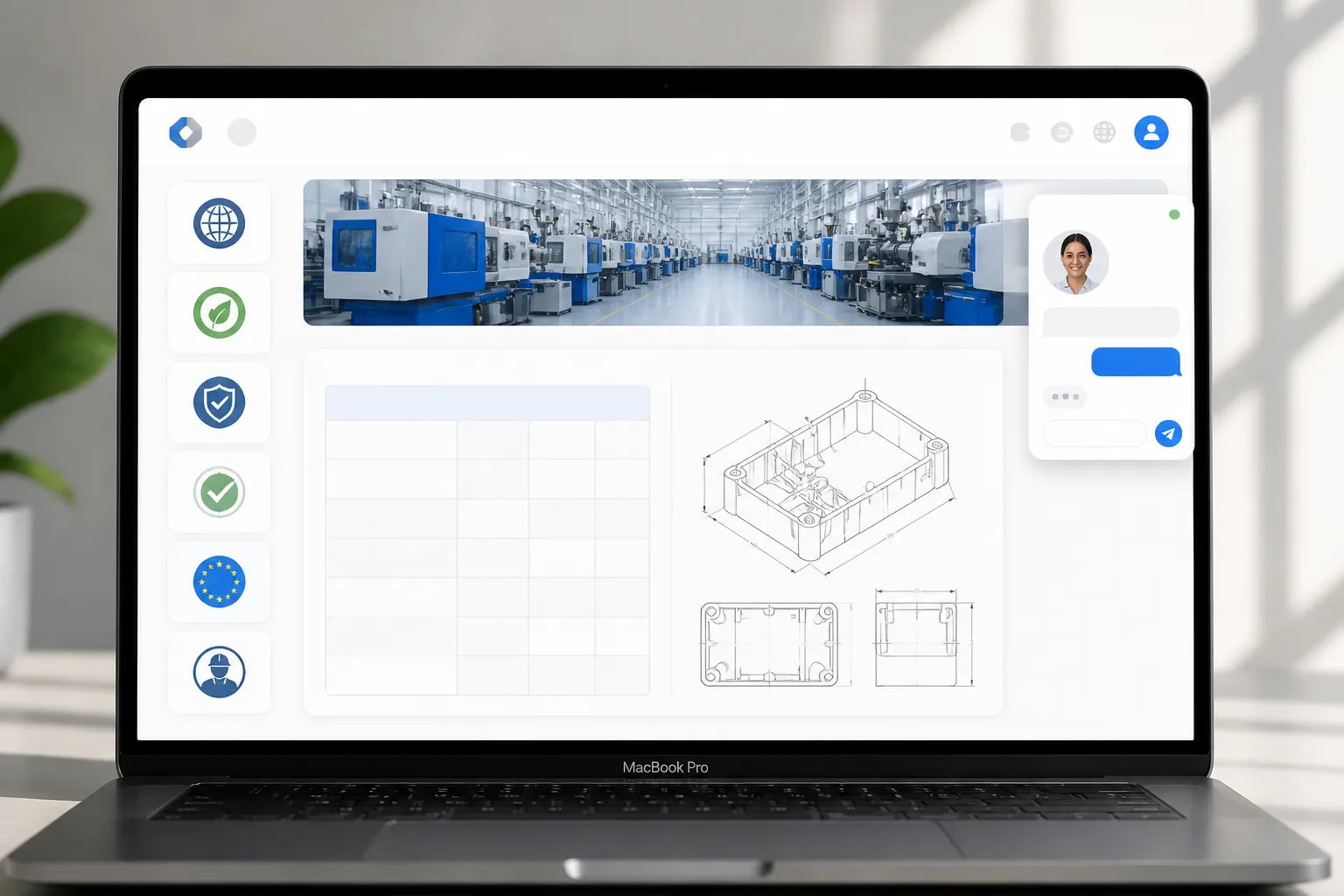 manufacturing meaning - Annotated UI mockup of a modern factory export website displayed on a MacBook Pro, showing a professional product page for an injection-molded component: left sidebar with certification badges (ISO 9001, RoHS, CE), center panel with product specifications table and dimensional diagram, top-right corner showing a live chat inquiry widget labeled "Ask about MOQ / Lead Time", clean white background, soft daylight reflection on screen