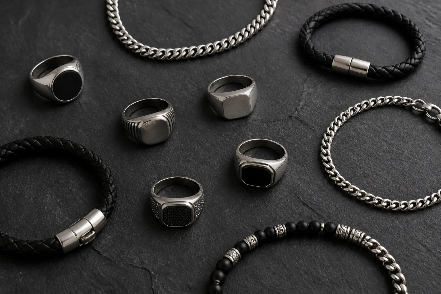 herren schmuck - Flatlay von klassischem Herrenschmuck – Siegelringe, Lederbänder, Edelstahlketten – auf dunklem Untergrund, für einen Produktvergleich