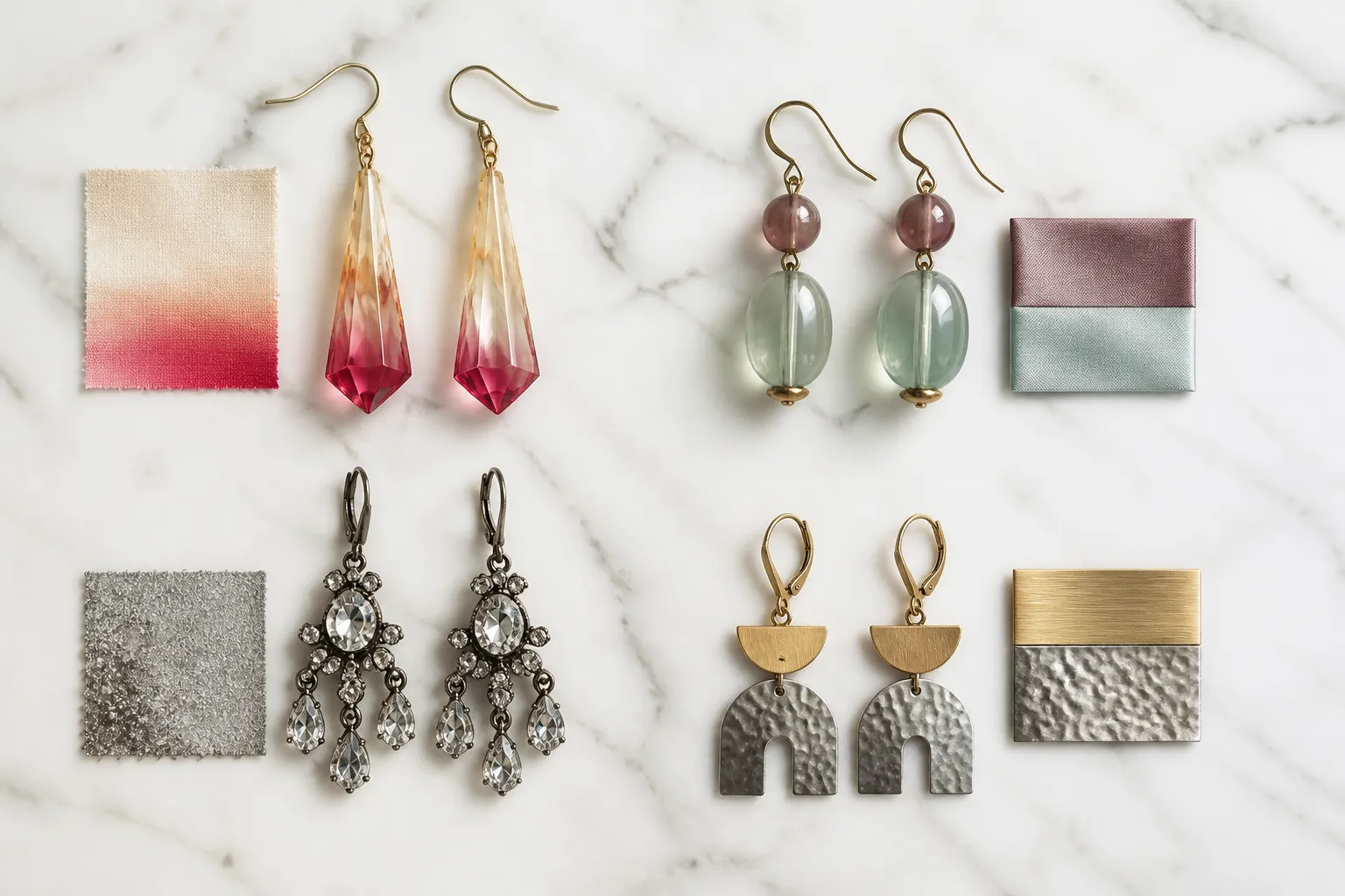 pendientes colgantes - Fotografía editorial de una variedad de pendientes colgantes en diferentes estilos — cristal degradado, cuentas de vidrio bicolor, rhinestone vintage, acabado dos tonos — dispuestos sobre una superficie de mármol blanco con muestras de material etiquetadas y ficha técnica visible