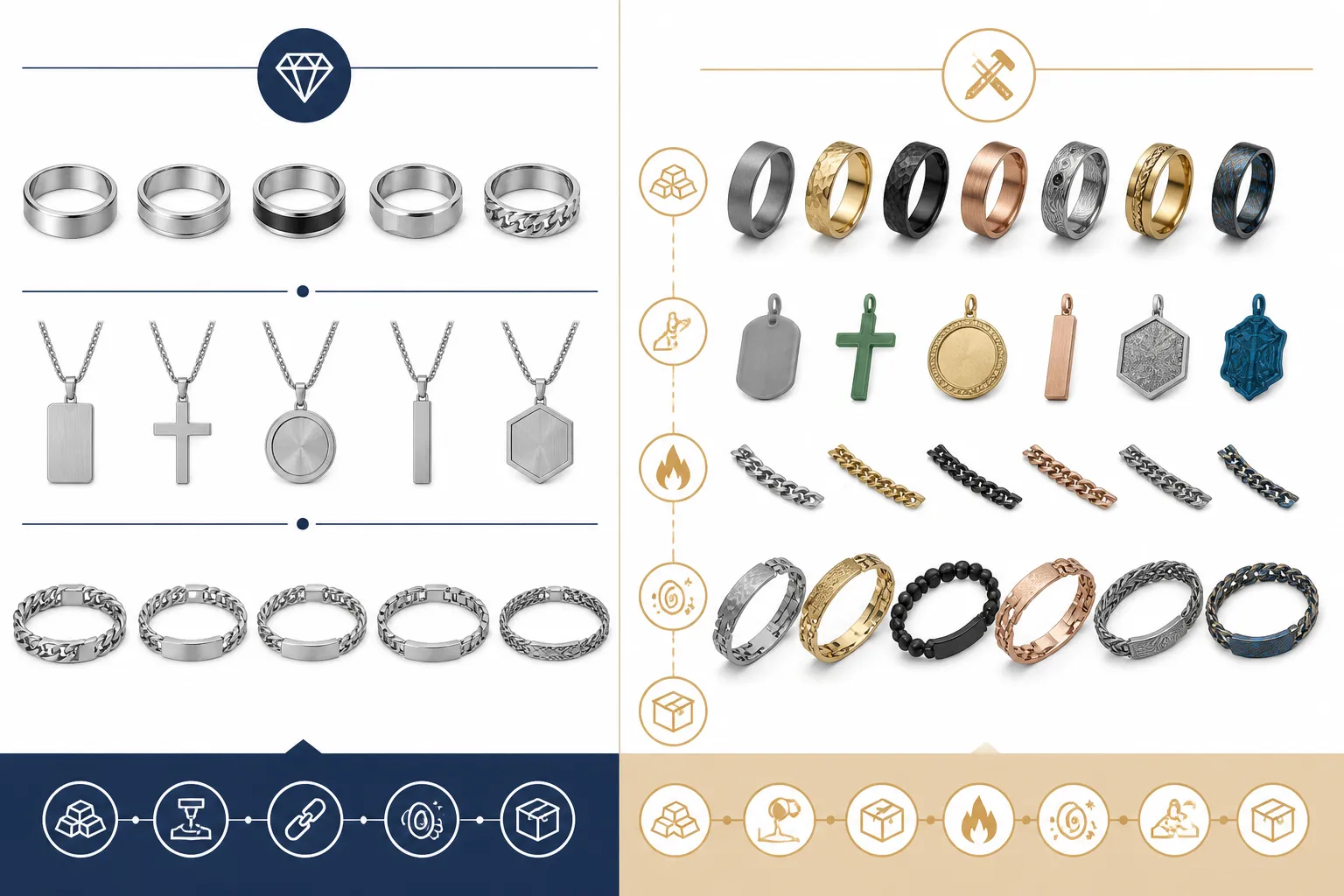 herren schmuck - Vergleichsdiagramm – linke Hälfte zeigt standardisierte Markenjewelry, rechte Hälfte zeigt Custom-OEM-Samples mit verschiedenen Materialien und Finishes, beschriftet mit Produktionsstufen