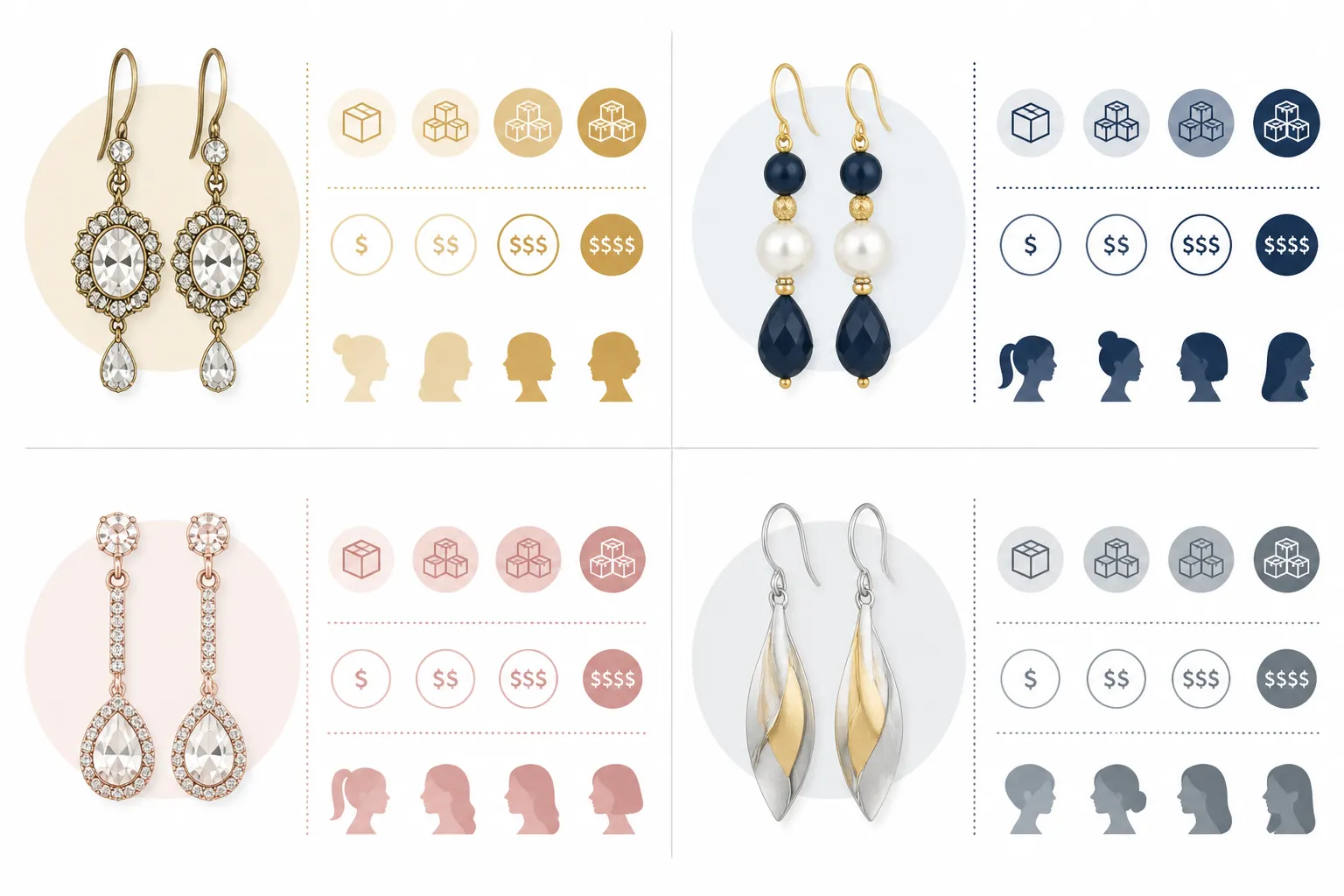 pendientes colgantes - Diagrama comparativo anotado con los principales tipos de pendientes colgantes — cristal vintage, cuentas bicolor, rhinestone, dos tonos metálicos — con notas sobre MOQ orientativo, precio medio y público objetivo de cada estilo