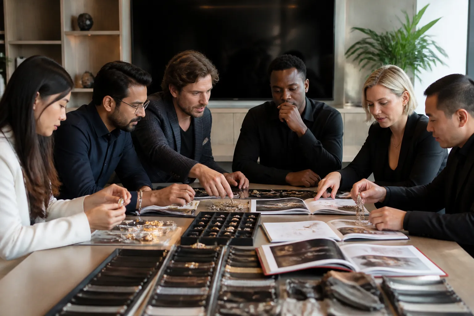 herren schmuck - Editorial-Bild eines internationalen Beschaffungsteams am Verhandlungstisch mit Schmuck-Samples und Produktionskatalogen, symbolisiert B2B-Direktbeschaffung